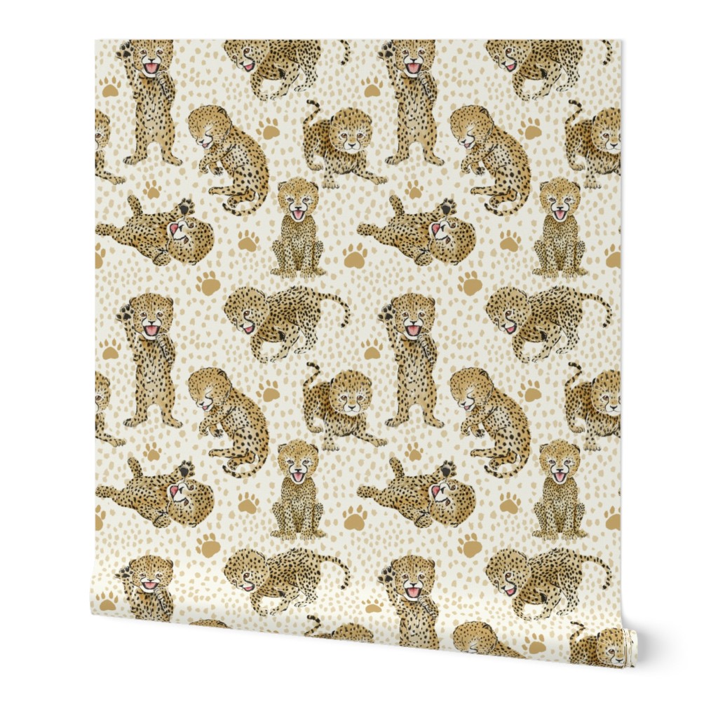 Playful Cheetah Cubs Pastel Beige Small Scale
