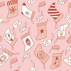 Cute Holiday Stockings - Line Drawing - Winter Animals and Gift Tags - Red and Pink (Medium)
