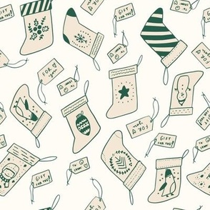 Cute Holiday Stockings - Line Drawing - Winter Animals and Gift Tags - Green and Ivory (Medium)