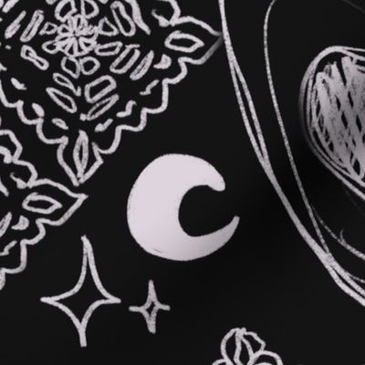 Whimsigothic wallpaper. Spider crochet, witch hat, Moon and stars, dreamcatcher, magical hand with vine. Dark.