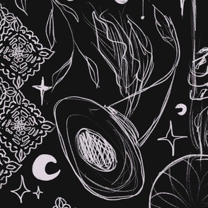 Whimsigothic wallpaper. Spider crochet, witch hat, Moon and stars, dreamcatcher, magical hand with vine. Dark.