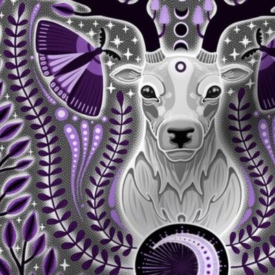 MEDIUM Magic whimsigothic deer spirit  0020 B purple violet neon black white whismical moths glow antlers leaves plants monochromatic
