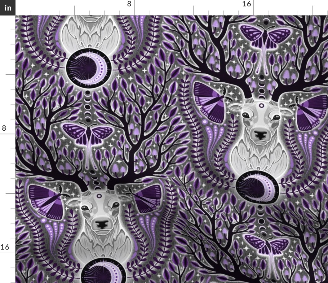 MEDIUM Magic whimsigothic deer spirit  0020 B purple violet neon black white whismical moths glow antlers leaves plants monochromatic