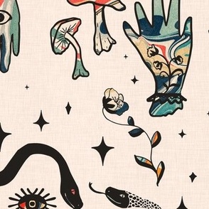 Mystical symbols, snakes, evil eye, mushrooms and stars with a marbled pattern
