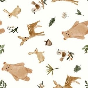 ditsy woodland animals with brown bear, beige rabbit, ochre deer and neutral birds - small rotated