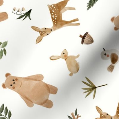 ditsy woodland animals with brown bear, beige rabbit, ochre deer and neutral birds - medium rotated