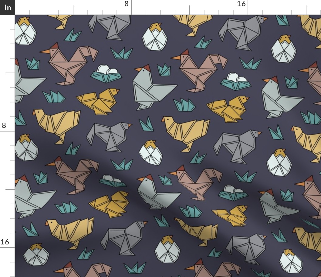 Chicken origami -navy blue background 