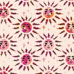 Pink marbled boho suns on a cream background with linen texture