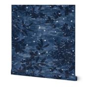 Woodland Stars in Indigo Blue (large scale) | Night sky with block print stars, trees, leaves on shibori linen texture, temperate forest canopy, deciduous trees, look up, crown shyness, camping fabric, block printed stars on dark blue.