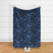 Woodland Stars in Indigo Blue (large scale) | Night sky with block print stars, trees, leaves on shibori linen texture, temperate forest canopy, deciduous trees, look up, crown shyness, camping fabric, block printed stars on dark blue.