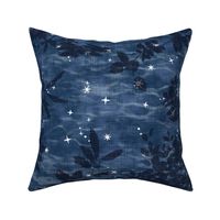 Woodland Stars in Indigo Blue (large scale) | Night sky with block print stars, trees, leaves on shibori linen texture, temperate forest canopy, deciduous trees, look up, crown shyness, camping fabric, block printed stars on dark blue.