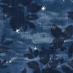 Woodland Stars in Indigo Blue (large scale) | Night sky with block print stars, trees, leaves on shibori linen texture, temperate forest canopy, deciduous trees, look up, crown shyness, camping fabric, block printed stars on dark blue.