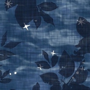 Woodland Stars in Indigo Blue (xl scale) | Night sky with block print stars, trees, leaves on shibori linen texture, temperate forest canopy, deciduous trees, look up, crown shyness, camping fabric, block printed stars on dark blue.