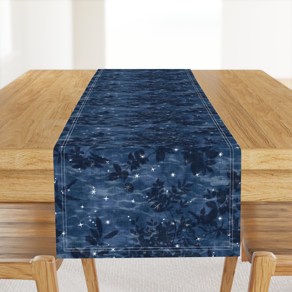 Woodland Stars in Indigo Blue | Night sky with block print stars, trees, leaves on shibori linen texture, temperate forest canopy, deciduous trees, look up, crown shyness, camping fabric, block printed stars on dark blue.