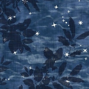 Woodland Stars in Indigo Blue | Night sky with block print stars, trees, leaves on shibori linen texture, temperate forest canopy, deciduous trees, look up, crown shyness, camping fabric, block printed stars on dark blue.