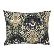 Whimsical spider garden -cream, green and gold - motifs - wallpaper - floral - water