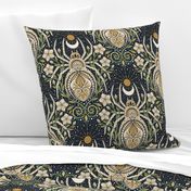 Whimsical spider garden -cream, green and gold - motifs - wallpaper - floral - water