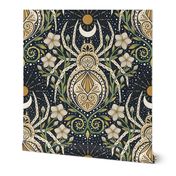 Whimsical spider garden -cream, green and gold - motifs - wallpaper - floral - water