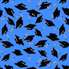 Graduation Caps Thrown in the Air - Black on Blue