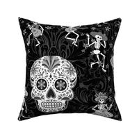 Day of the Dead on dark creepy damask, black - large scale