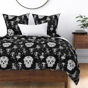 Day of the Dead on dark creepy damask, black - large scale