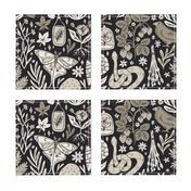 Forest Nature witch - crows, owls, ferns, mushrooms, flowers, moon - neutral tans -  flat - large