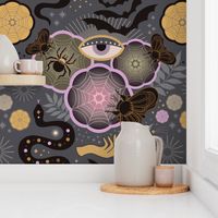 Whimsy Gothic Surrealist Boho Spider Web Flowers with moths, snake and spider • Large 1. Dark Grey/Pink/Yellow