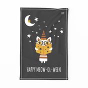 Happy Meow-Ol-Ween Halloween Cat Tea Towel Wall Hanging Charcoal Black