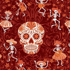 Day of the Dead on dark creepy damask red - large scale 