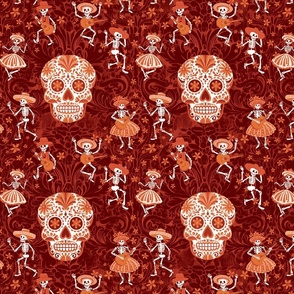 Day of the Dead on dark creepy damask red - medium scale 
