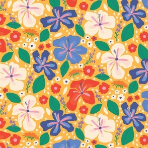 Yellow Background - Edible Flowers in red, blue, purple, pink ©designsbyroochita
