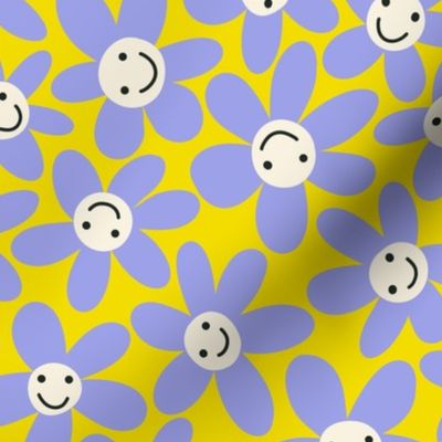 Cute Flower Faces Lavender Blue on Yellow  / Happy Florals with Smiley Faces - M
