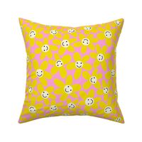 Cute Flower Faces Yellow on Pink / Happy Florals with Smiley Faces - M