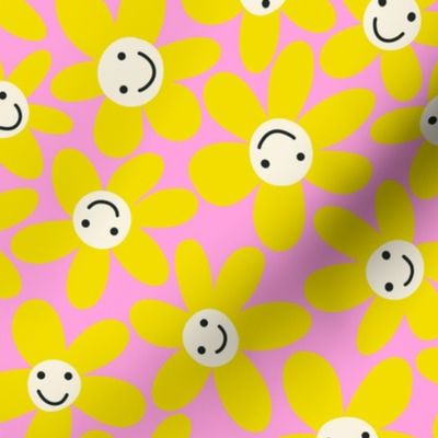 Cute Flower Faces Yellow on Pink / Happy Florals with Smiley Faces - M