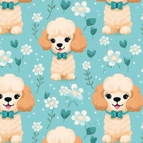Cartoon Dogs & Flowers on Turquoise