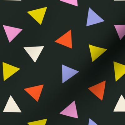 Tossed Triangles / Red Yellow White Blue Pink Triangles on Black / Non-Directional Abstract