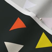 Tossed Triangles / Red Yellow White Blue Pink Triangles on Black / Non-Directional Abstract