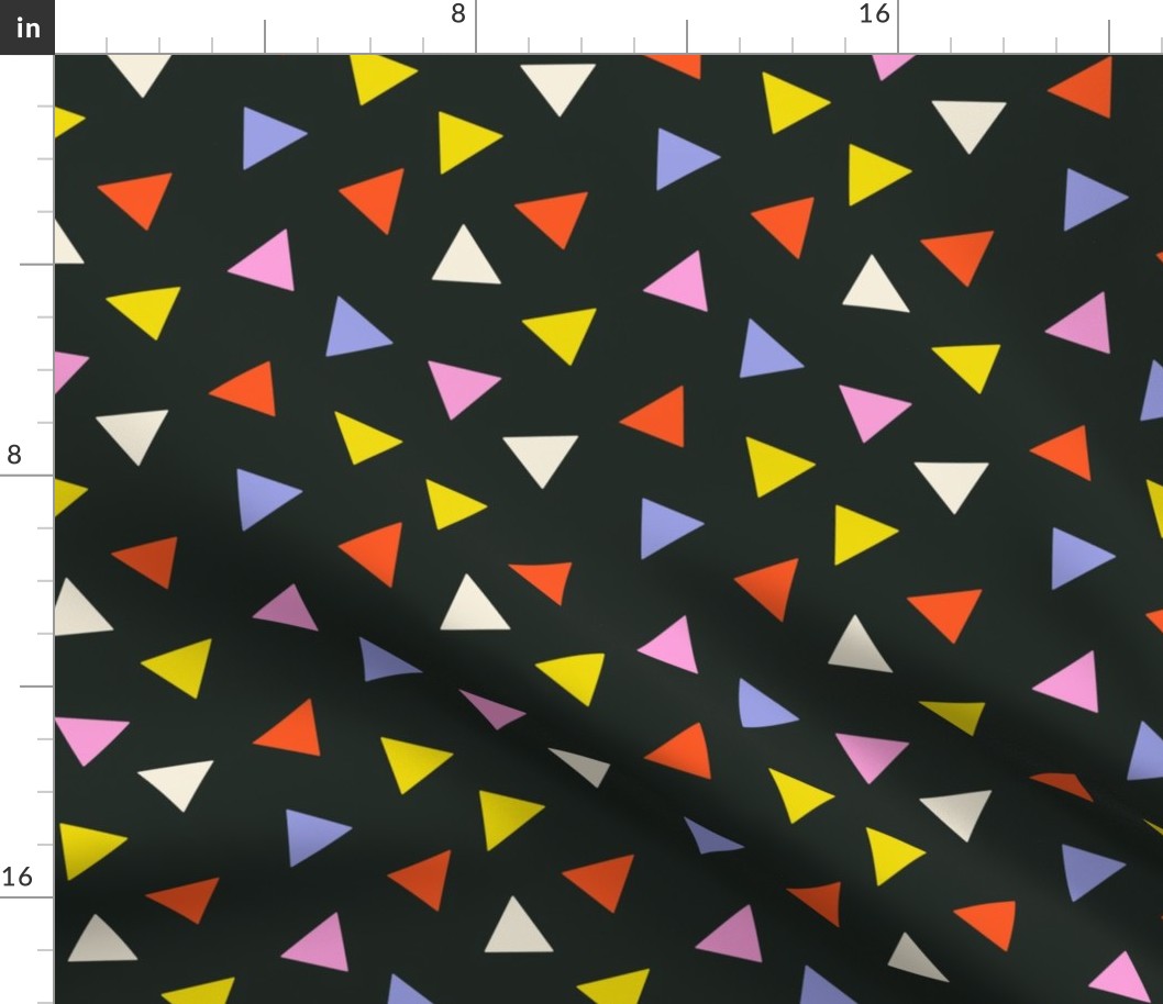 Tossed Triangles / Red Yellow White Blue Pink Triangles on Black / Non-Directional Abstract