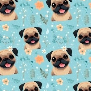 Pug dog Faces & Flowers on Blue