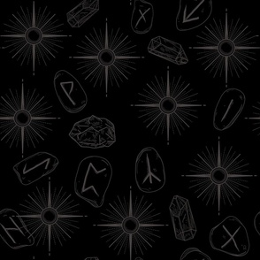 Witchy Rune Stones, Stars, and Gems Celestial Goth Print on Black