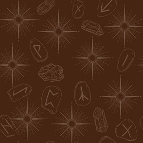 Witchy Rune Stones, Stars, and Gems Celestial Goth Print on Cinnamon Brown