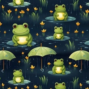 Green Frogs & Umbrellas in a Pond