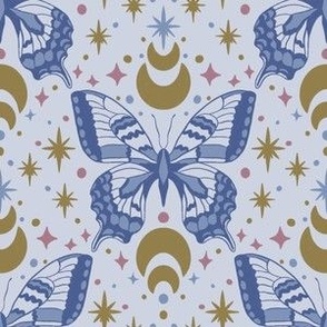 Hand-Drawn Swallowtail Butterflies with Moons and Stars in Cornflower Blue_Small