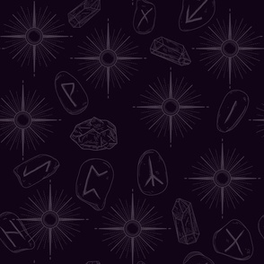 Witchy Rune Stones, Stars, and Gems Celestial Goth Print on Purple