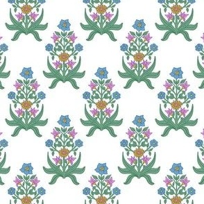 Small - Colorful block print inspired floral - blue pink yellow and green on white 