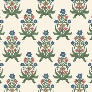 Small - Colorful block print inspired floral - Seaweed and dill green coral orange and admiral blue on ivory white