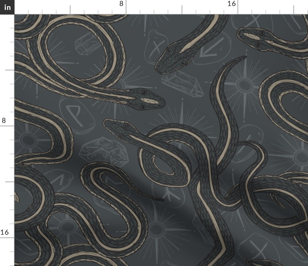 Coiled Snakes on Spooky Fortune Telling Background in Grey