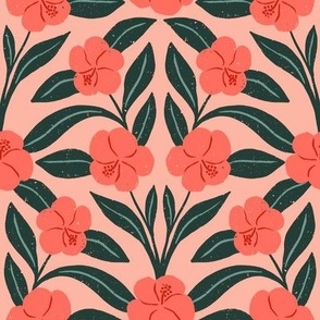 Jungle Flower in Sunset Pink | Large Version | Bohemian Style Pattern in Red and Green