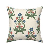 Large - Colorful block print inspired floral - Seaweed and dill green coral orange and admiral blue on ivory white 