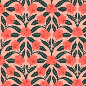 Jungle Flower in Sunset Pink | Medium Version | Bohemian Style Pattern in Red and Green